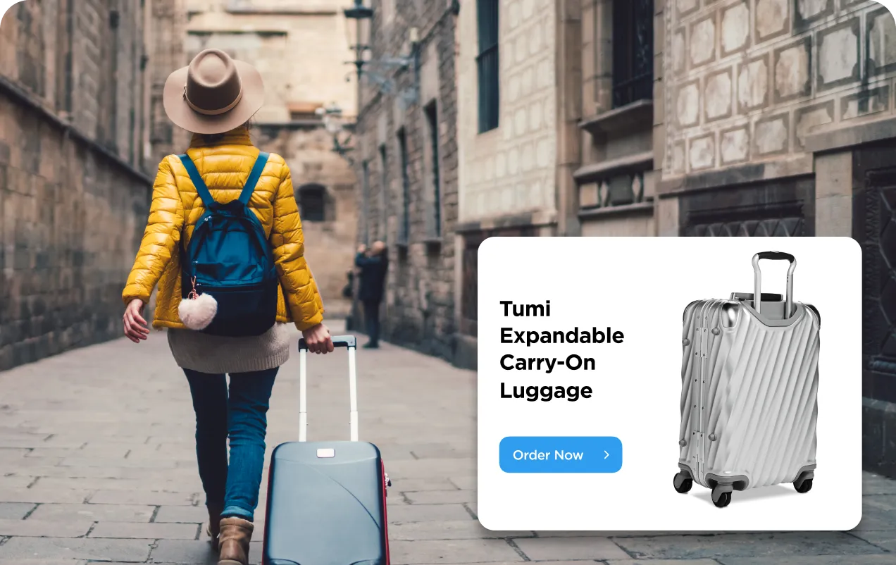 Person in yellow jacket and hat walking down a stone street pulling a suitcase, next to a promotional image of silver expandable Tumi carry-on luggage.