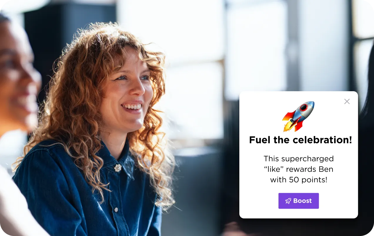 Smiling woman with curly hair in a blue shirt beside a message box showing 'Fuel the celebration!' and a rocket icon, announcing 50 reward points for Ben.