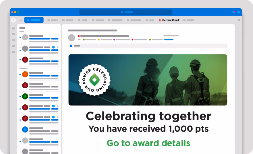 Screenshot of an award notification on Culture Cloud showing three workers in safety gear with text 'Celebrating together, You have received 1,000 pts' and a link to 'Go to award details'.