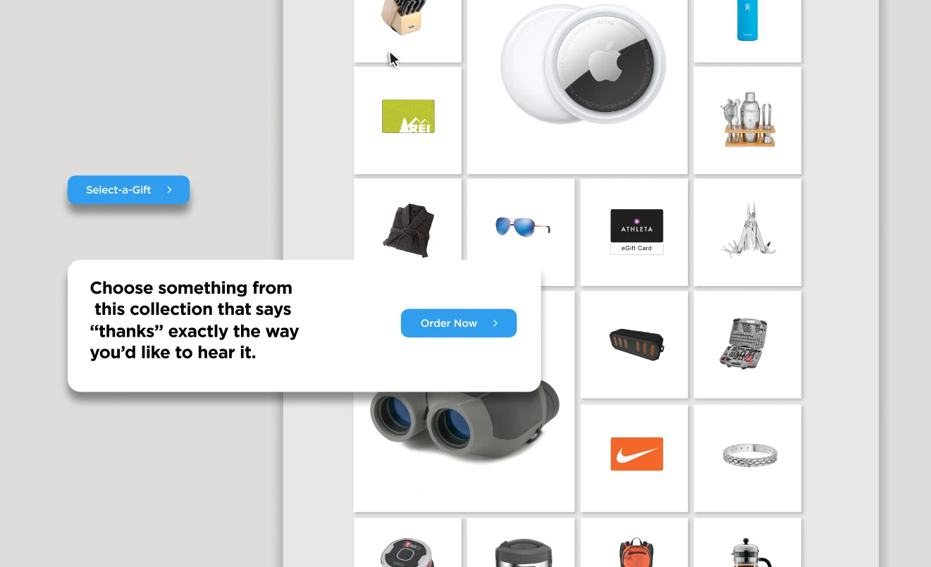 Gift selection grid showing various items including an Apple AirTag, binoculars, sunglasses, and gift cards with a message box overlay saying 'Choose something from this collection that says “thanks” exactly the way you’d like to hear it.'