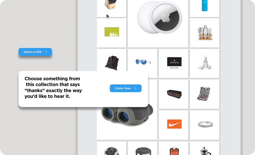 Gift selection grid showing various items including an Apple AirTag, binoculars, sunglasses, and gift cards with a message box overlay saying 'Choose something from this collection that says “thanks” exactly the way you’d like to hear it.'