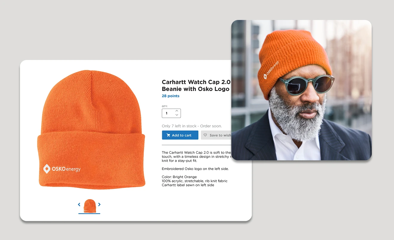 Online store page showing an orange Carhartt Watch Cap 2.0 beanie with Osko logo and a man wearing the same beanie with sunglasses and a gray beard.