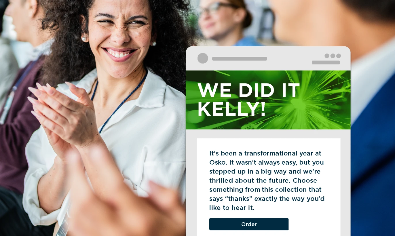 Smiling woman clapping in an office setting beside a message that says 'We did it Kelly!' expressing gratitude and encouragement.