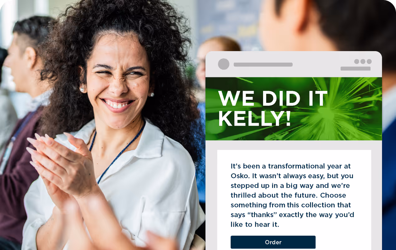 Smiling woman clapping in an office setting beside a message that says 'We did it Kelly!' expressing gratitude and encouragement.