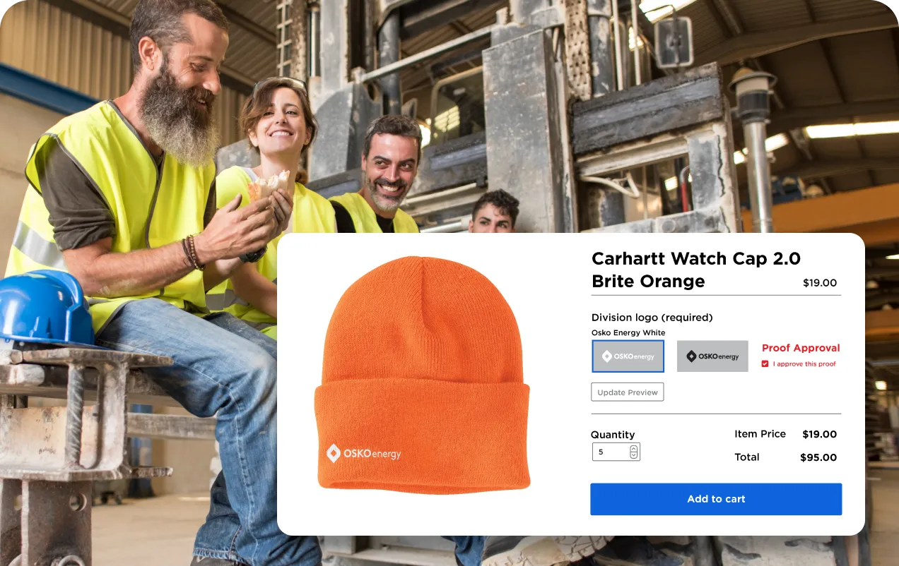 Carhartt Watch Cap 2.0 in bright orange with Osko Energy logo, displayed with quantity and price details in a factory setting where workers in safety vests are taking a break.
