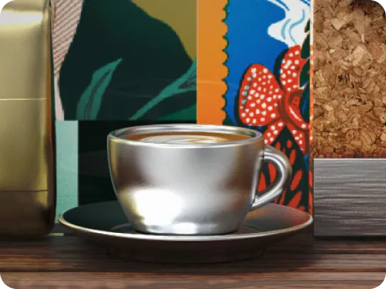 Metallic silver cup with latte art on a black saucer, placed on a wooden surface with colorful background and cork decor.