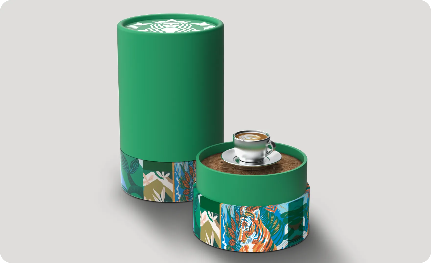 Two green cylindrical containers with botanical and tiger illustrations, one topped with a silver cup of coffee with latte art.
