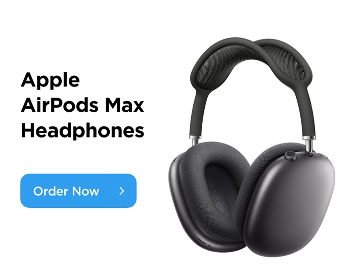 Black over-ear Apple AirPods Max headphones with mesh headband and cushioned ear cups next to a blue Order Now button.