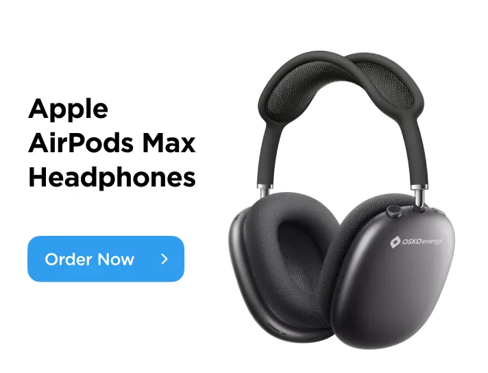Black over-ear Apple AirPods Max headphones with mesh headband and cushioned ear cups next to a blue Order Now button.