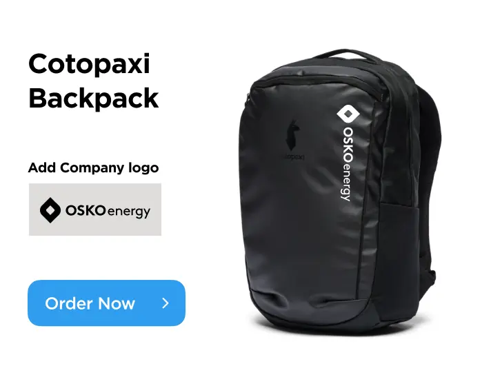 Black Cotopaxi backpack with a vertical OSKO Energy logo on the front pocket and a handle on top.