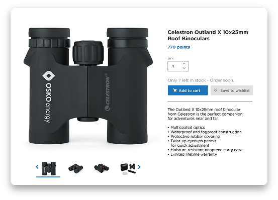 Black Celestron Outland X 10x25mm roof binoculars with OskoEnergy branding shown alongside product details and purchase options.