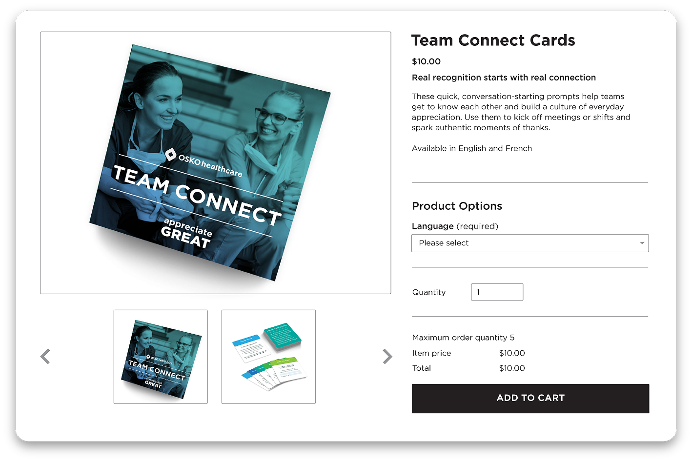 Product page for Team Connect Cards featuring conversation prompts for team appreciation, with images of the card set and an option to select language and quantity.