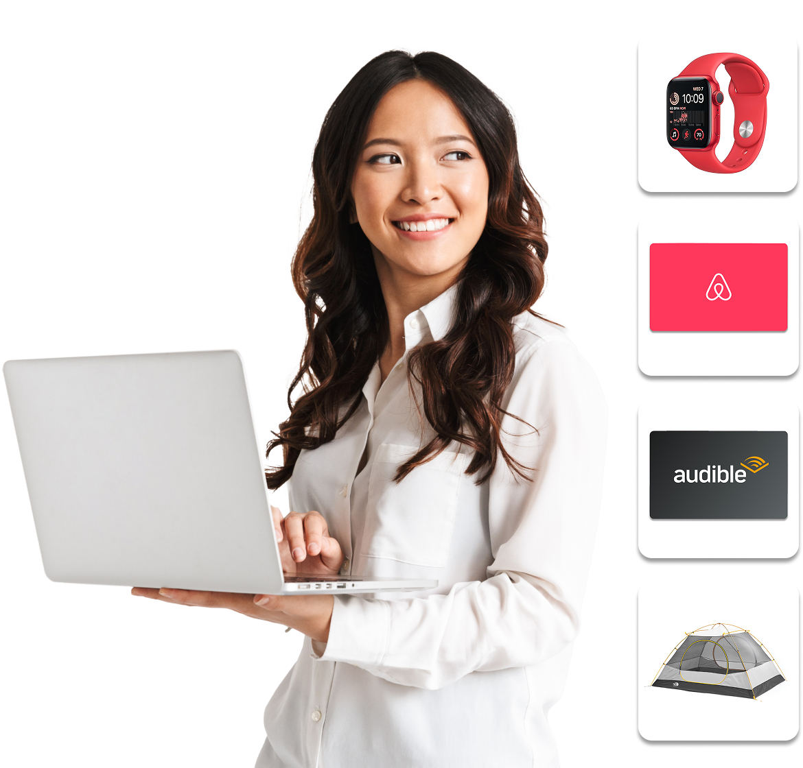Smiling woman in white shirt holding a laptop with images of a red smartwatch, Airbnb logo, Audible logo, and a camping tent to the right.