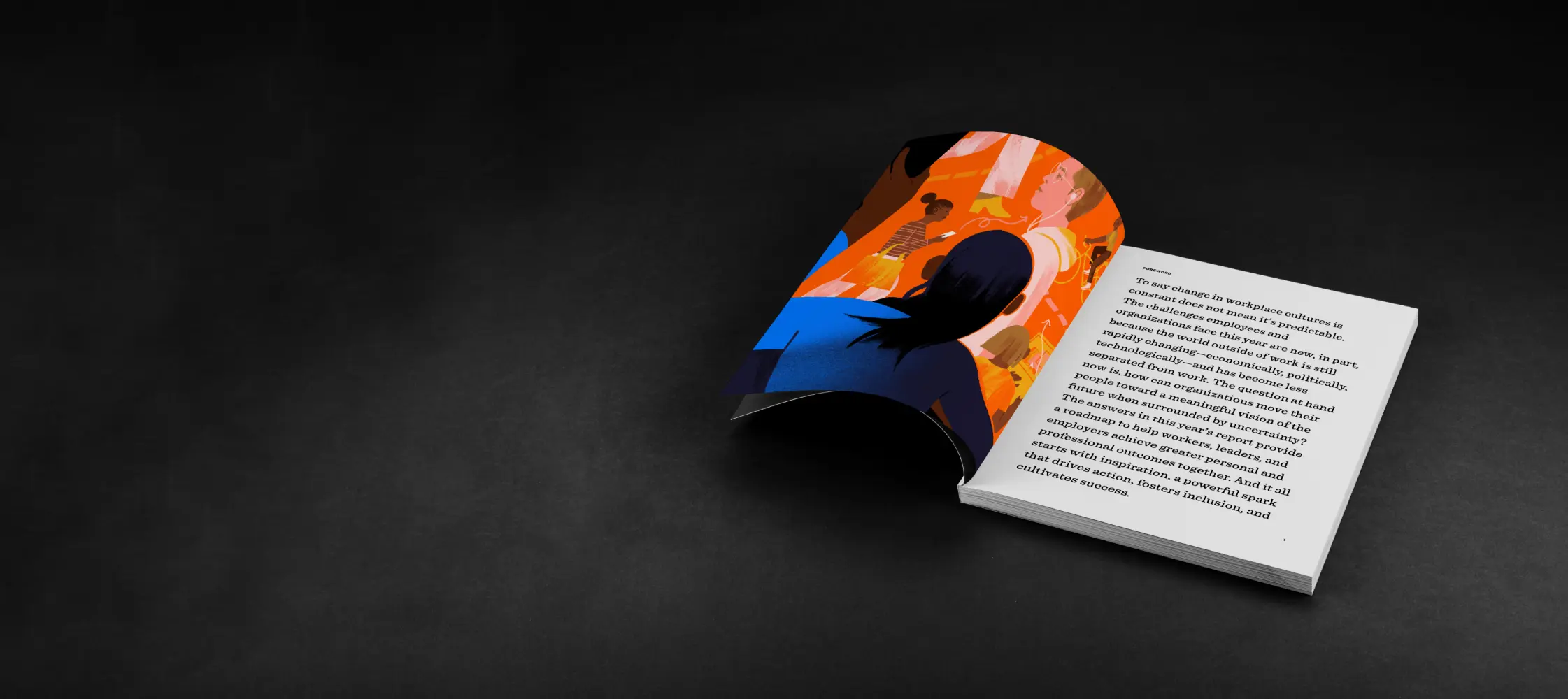 Open book on a dark surface showing a colorful illustration on one page and text about workplace culture change on the other.