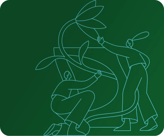 Line art illustration of a man and woman working with plants