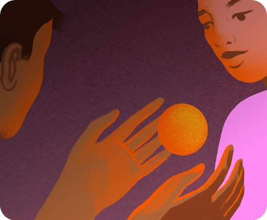 Illustration of two people facing each other, with one person holding an orange spherical object between their hands.