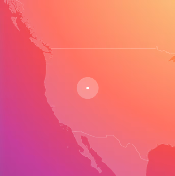 Map of the western United States with a white dot highlighted in the central region, overlaid on a gradient background from purple to orange.