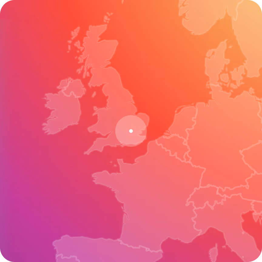 Map of Western Europe highlighting the United Kingdom with a white dot and circle.