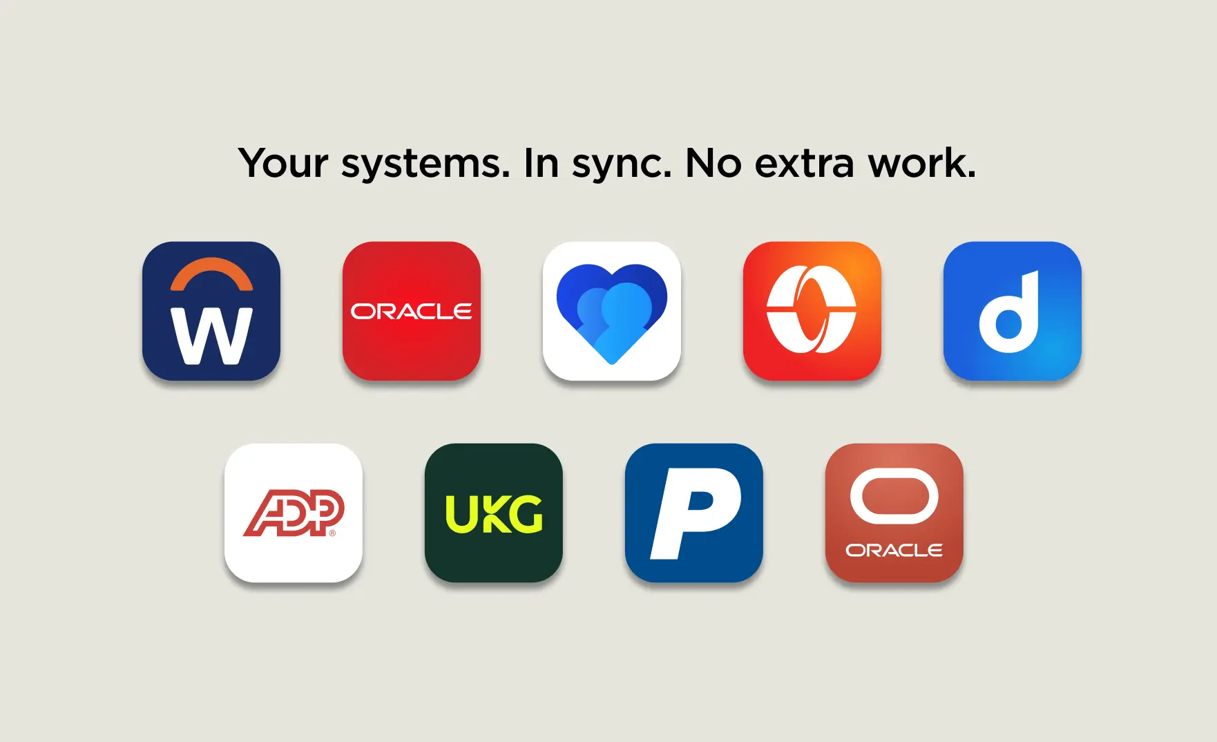 Logos of various HRIS and payroll integration systems including Workday, Oracle, ADP, UKG, Paylocity, and Paycom with the text 'Your systems. In sync. No extra work.'