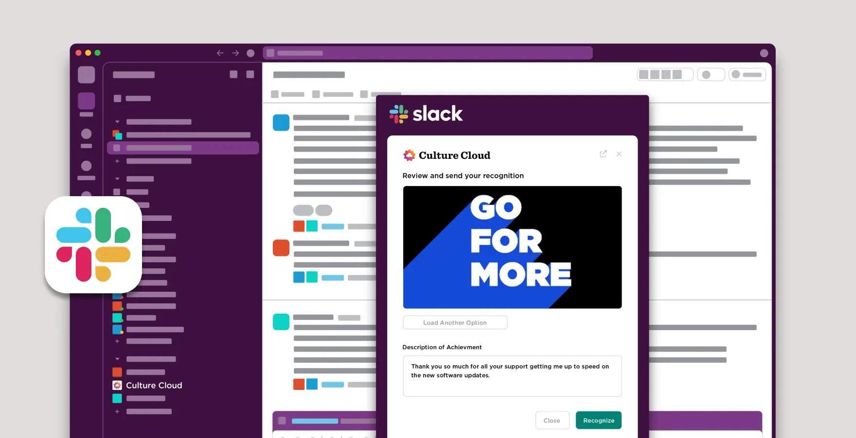 Slack interface showing a Culture Cloud recognition message with 'GO FOR MORE' text and an achievement description.