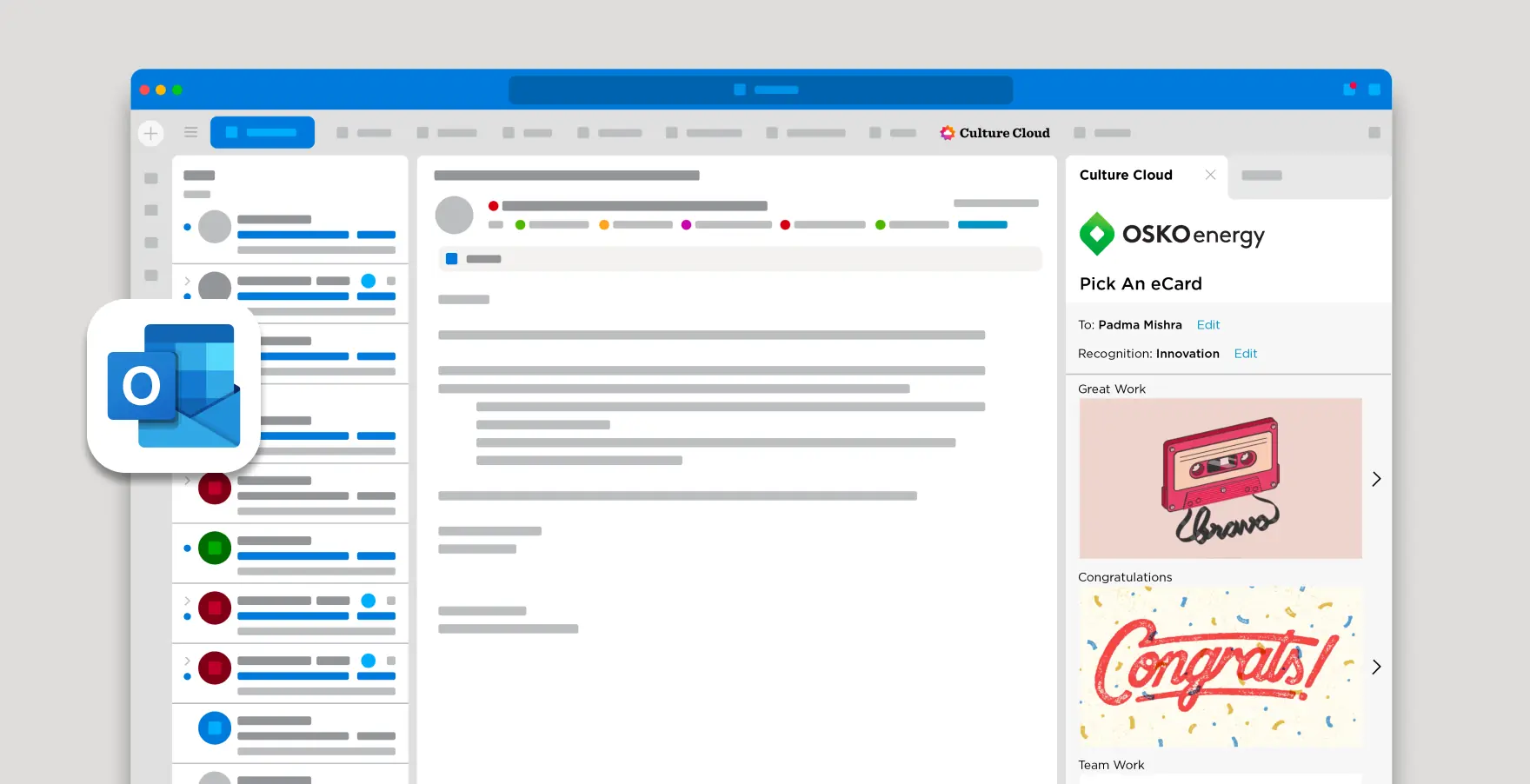 Email interface with Culture Cloud integration showing an OSKOenergy eCard selection panel featuring congratulatory and appreciation cards.