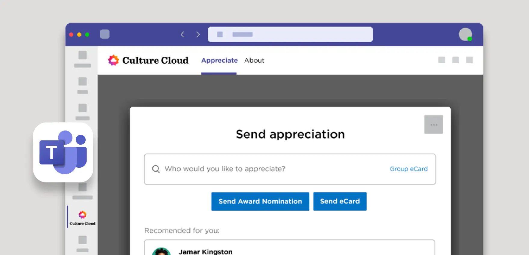 User interface of Culture Cloud app in Microsoft Teams showing send appreciation feature with options to send award nomination or eCard.