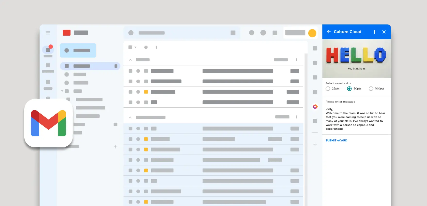Screenshot of a Gmail inbox with a side panel open showing a Culture Cloud e-card saying HELLO and a welcome message with a points award selection.