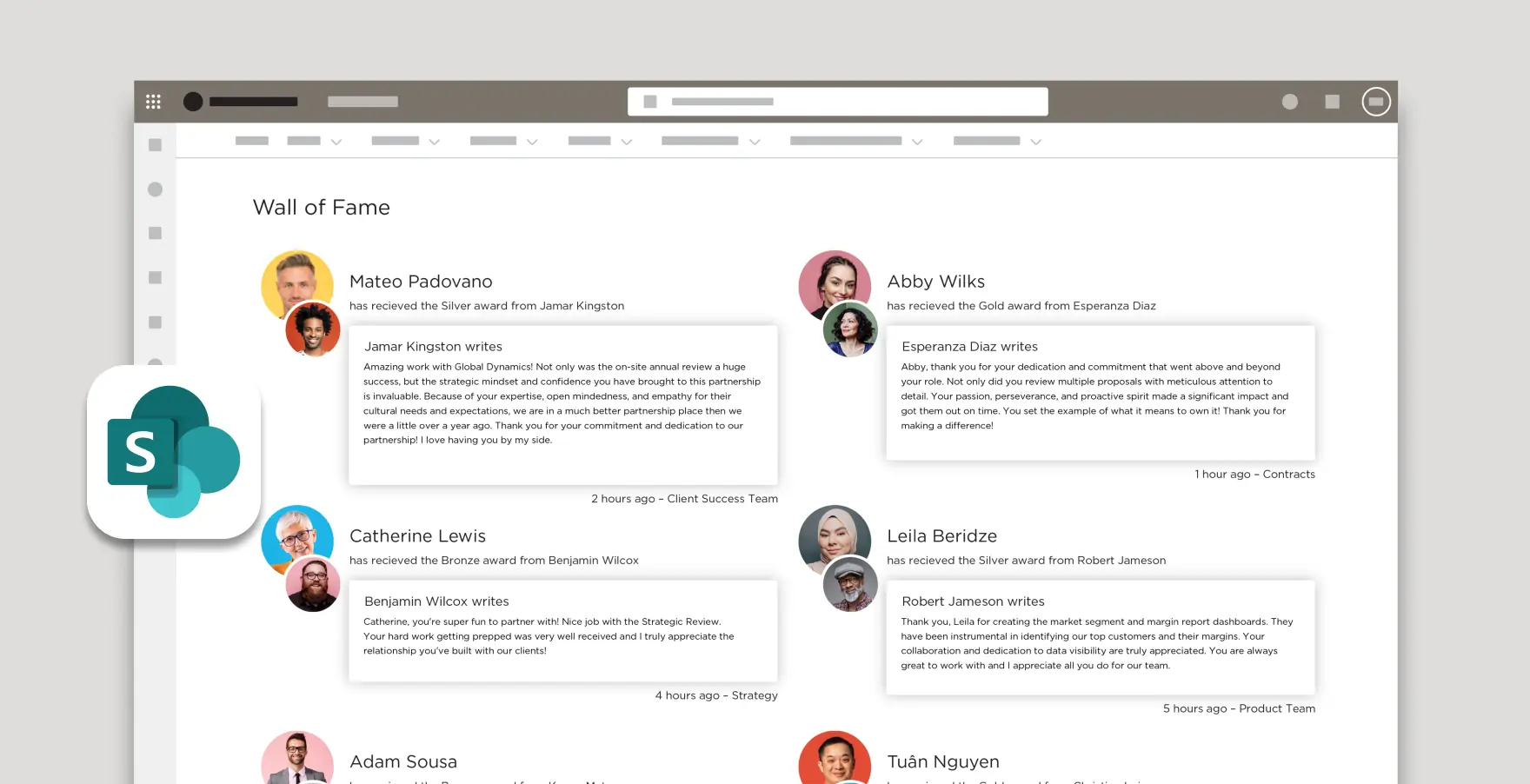 SharePoint webpage titled Wall of Fame showing employee awards and appreciation notes from colleagues.