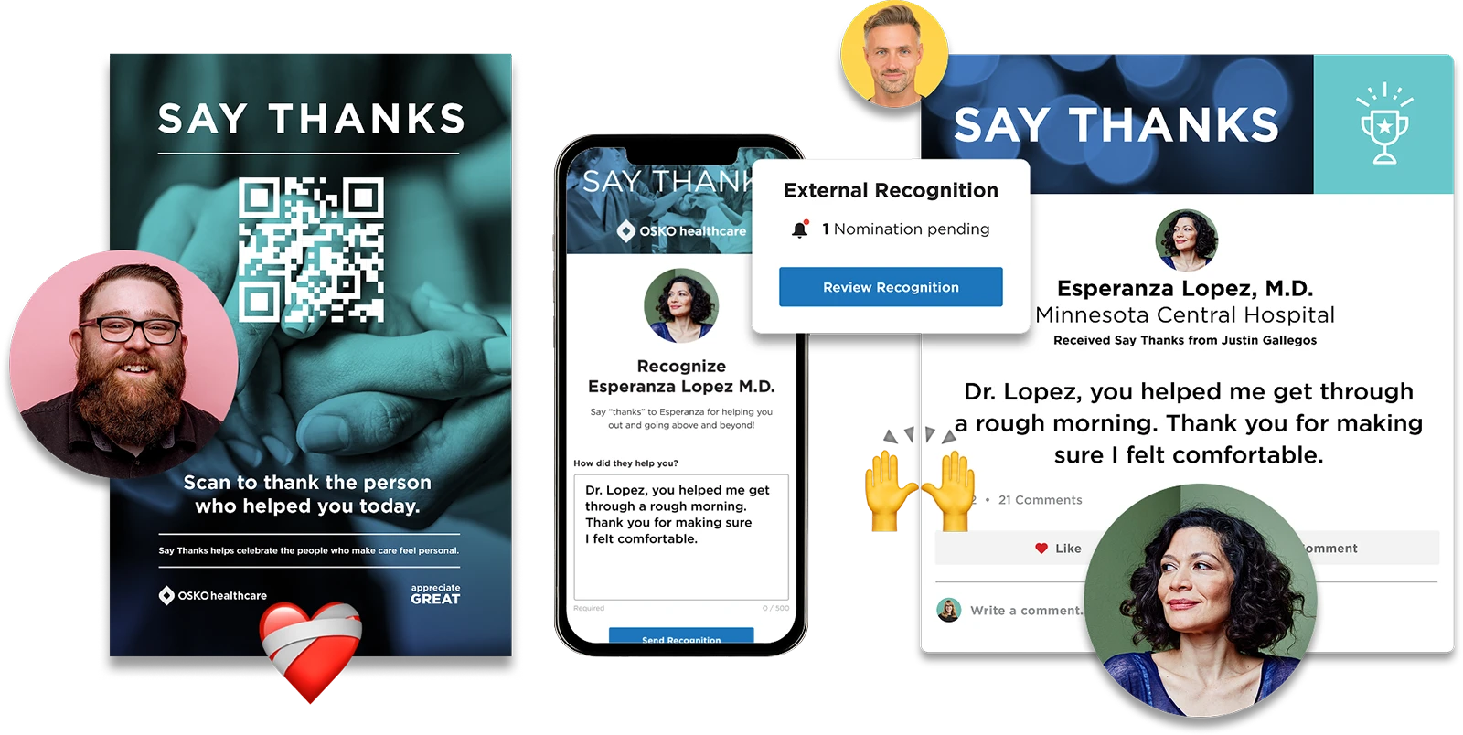 Collage of Say Thanks appreciation platform showing a QR code to thank helpers, a mobile screen to recognize Esperanza Lopez M.D., and an external recognition message for Dr. Lopez from Justin Gallegos.
