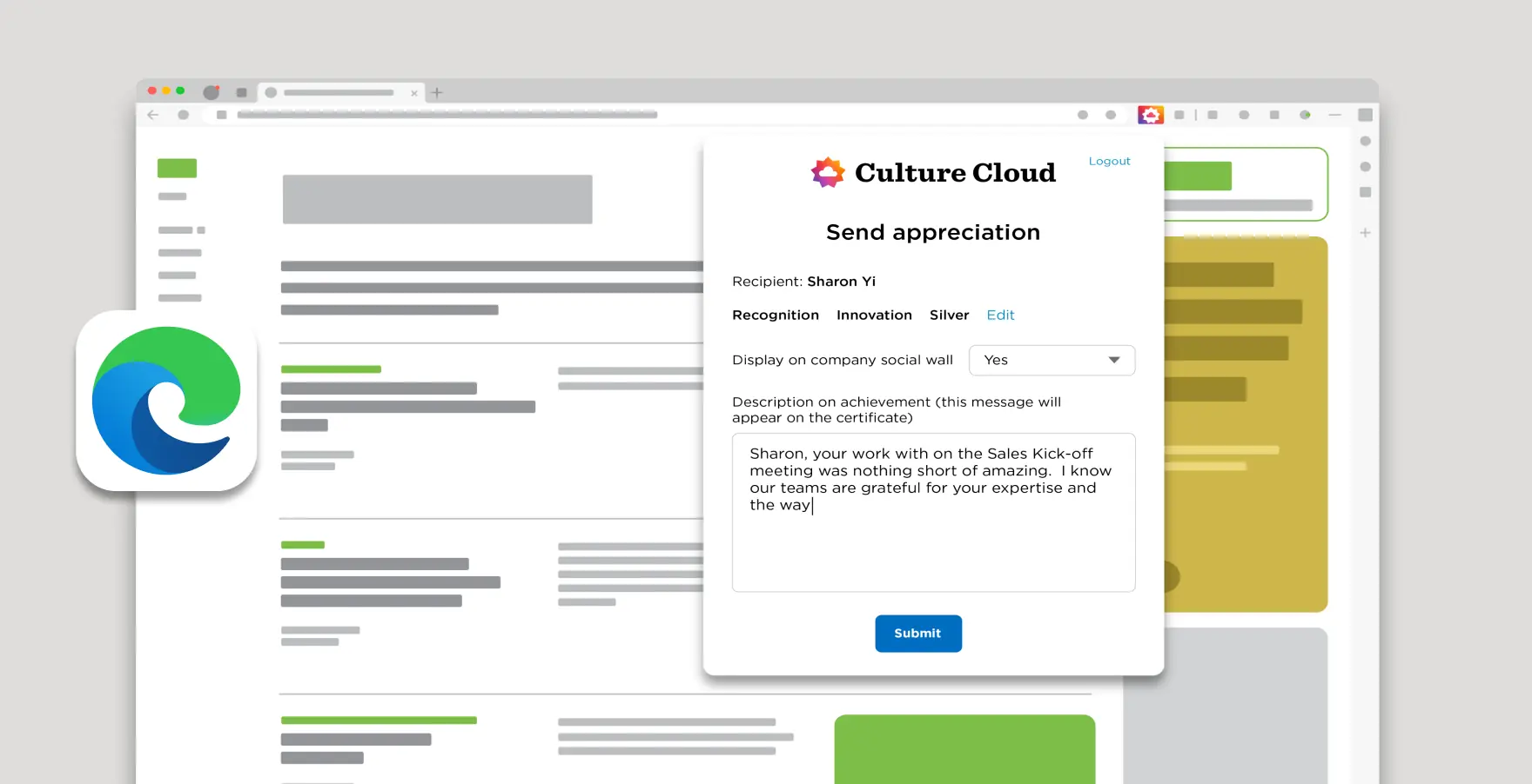 Browser window with Microsoft Edge logo displaying a Culture Cloud pop-up to send appreciation to Sharon Yi with a message about her excellent work in a sales kick-off meeting.
