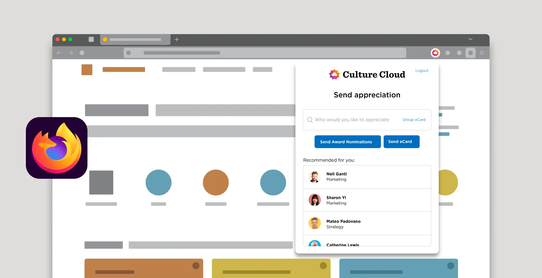 Browser window with Culture Cloud app popup for sending appreciation messages, including search, buttons for sending nominations or eCards, and a recommended people list.