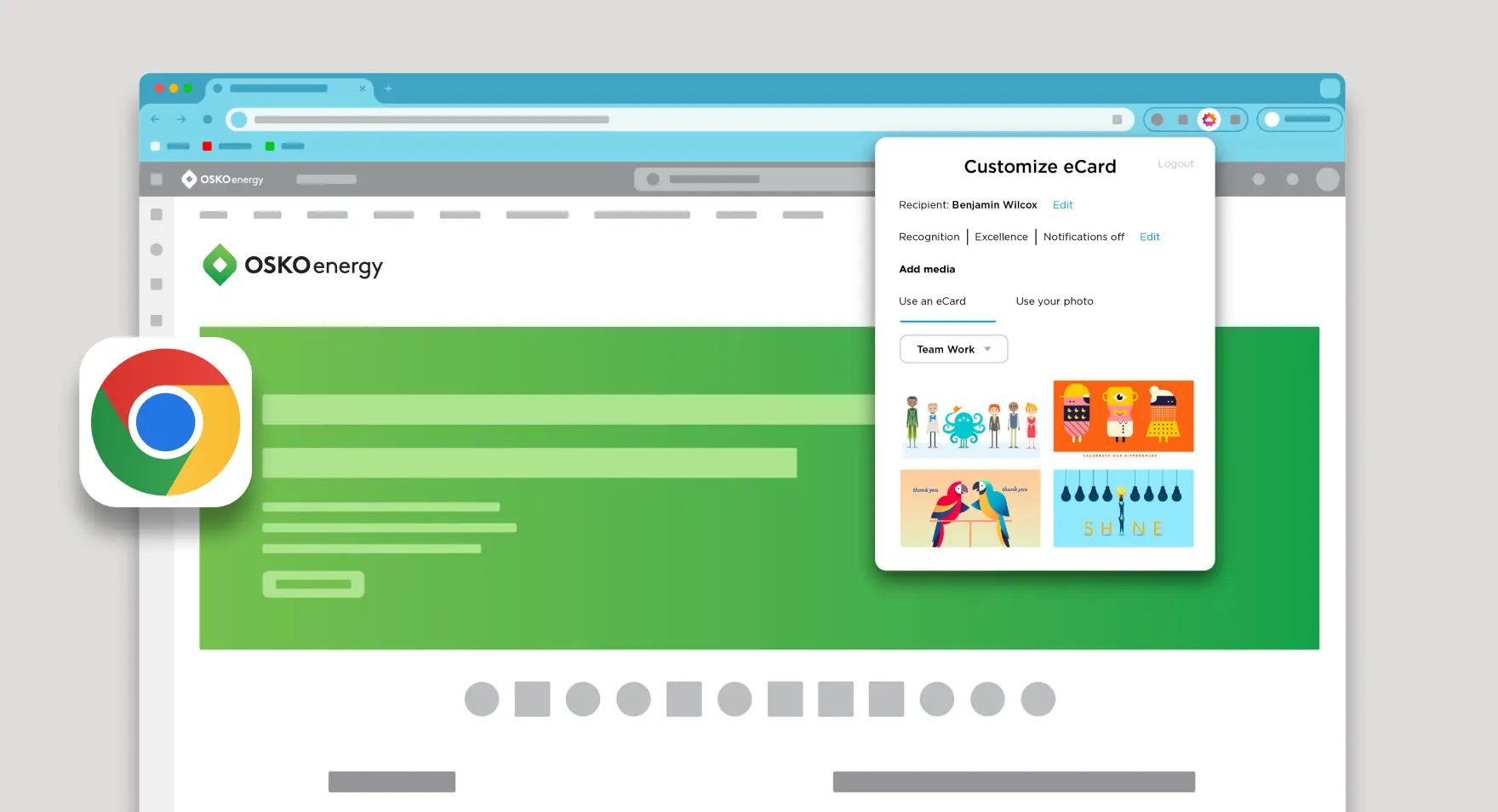 A browser window displaying OSKO energy's site with a pop-up to customize an eCard for recipient Benjamin Wilcox, showing cartoon eCard options.