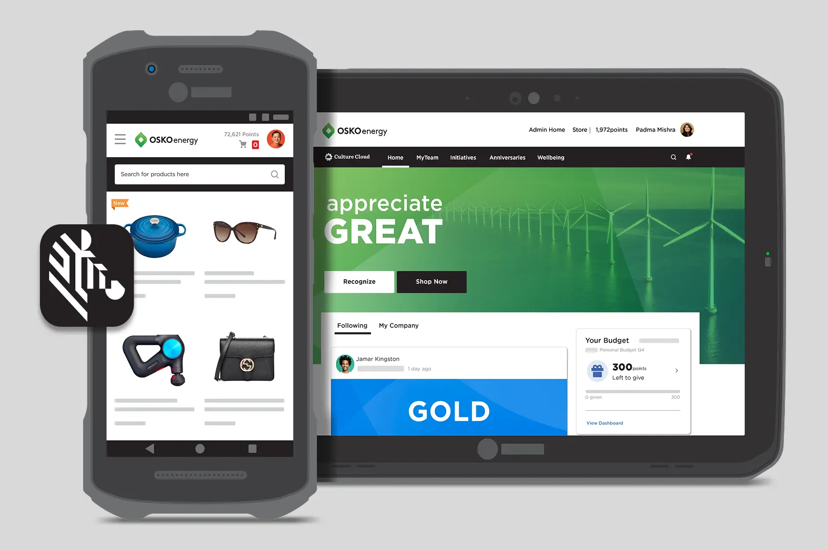 Mobile phone and tablet displaying OSKO energy platform with product search on phone and appreciation dashboard on tablet.