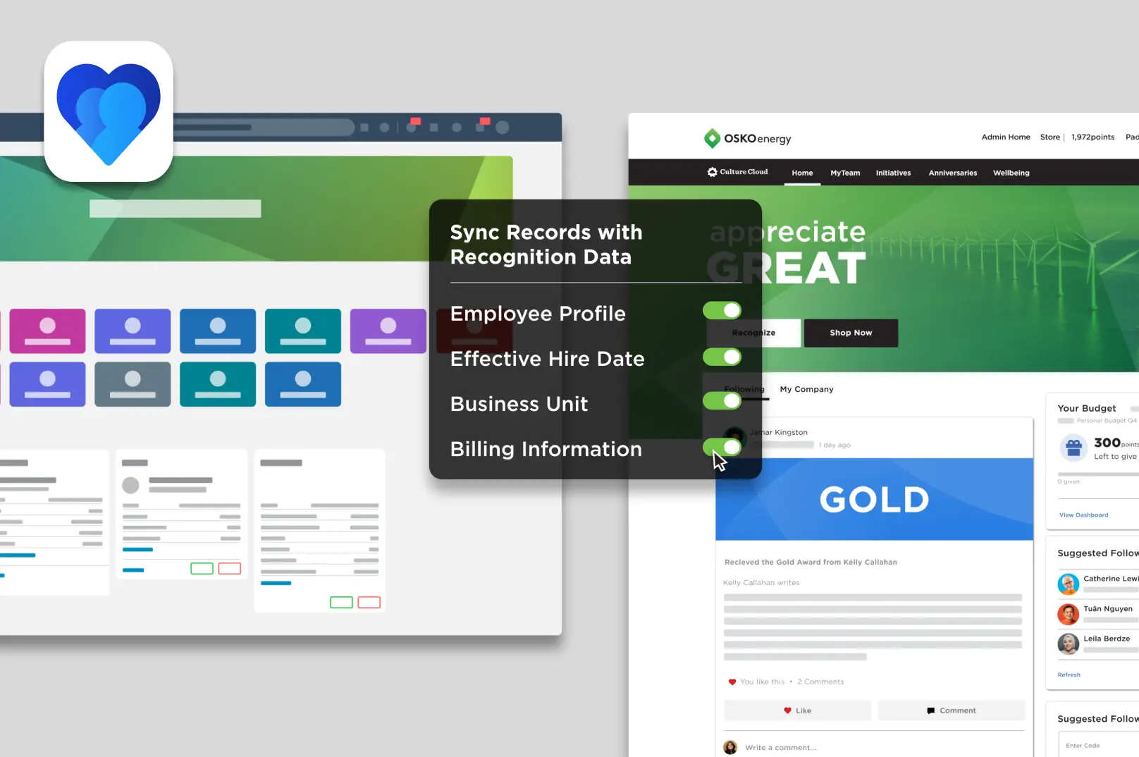 Screenshot of an employee recognition software interface showing sync settings for Employee Profile, Effective Hire Date, Business Unit, and Billing Information toggled on, alongside a dashboard with a Gold Award announcement and user interactions.