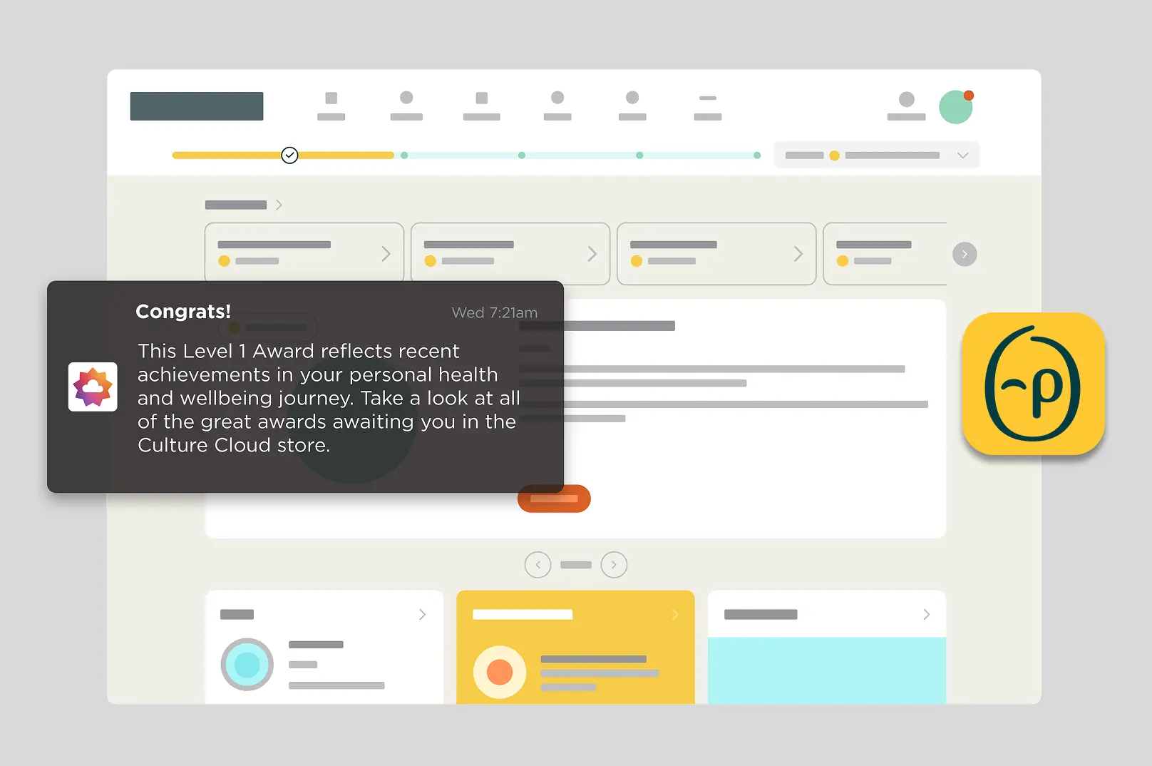 User interface displaying a congratulatory message for achieving Level 1 Award in personal health and wellbeing on a digital dashboard with progress tracking and awards.