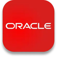 Oracle company logo in white text on a red rounded square background.