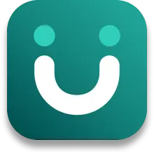 App icon with a smiling face symbol in white on a teal background.