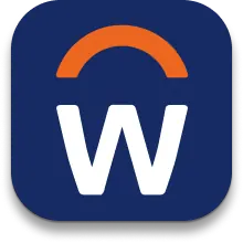 Workday app icon with a white W under an orange arch on a dark blue rounded square background.