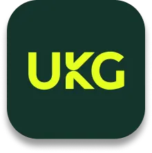 UKG company logo in bright yellow on a dark green rounded square background.