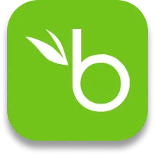 White lowercase letter 'b' with a leaf accent on top, set against a green rounded square background.