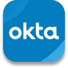 Okta logo in white lowercase letters on a blue rounded square background.
