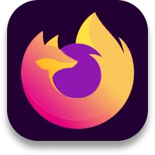 Firefox web browser logo with a stylized orange and pink fox encircling a purple globe on a dark rounded square background.