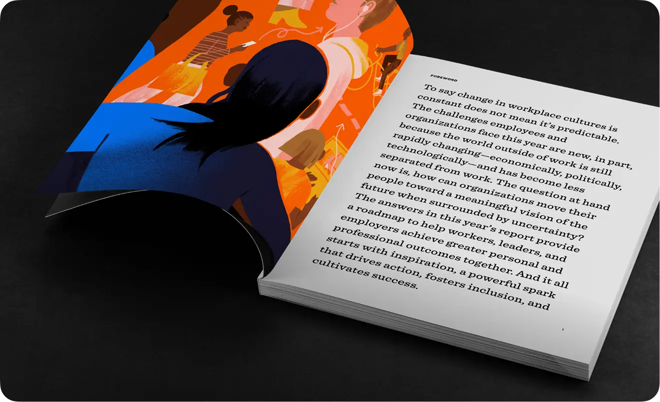Open book with an illustrated page showing people and a page of text discussing workplace culture changes and fostering inclusion.