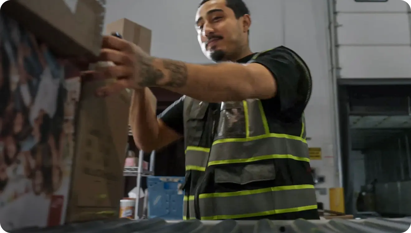 Warehouse worker wearing a reflective safety vest handling a cardboard box.