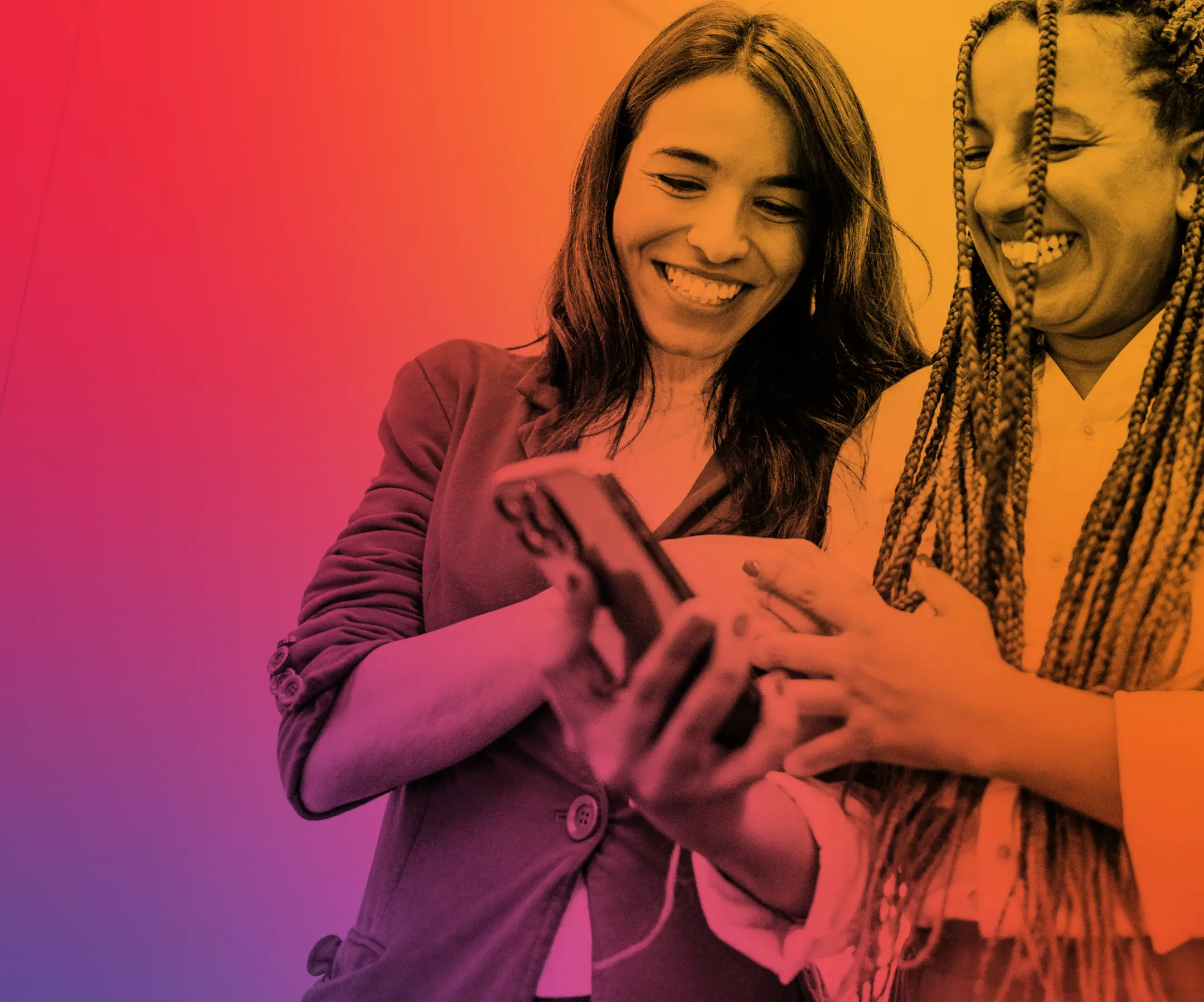Two smiling women looking at a smartphone together against a colorful gradient background.