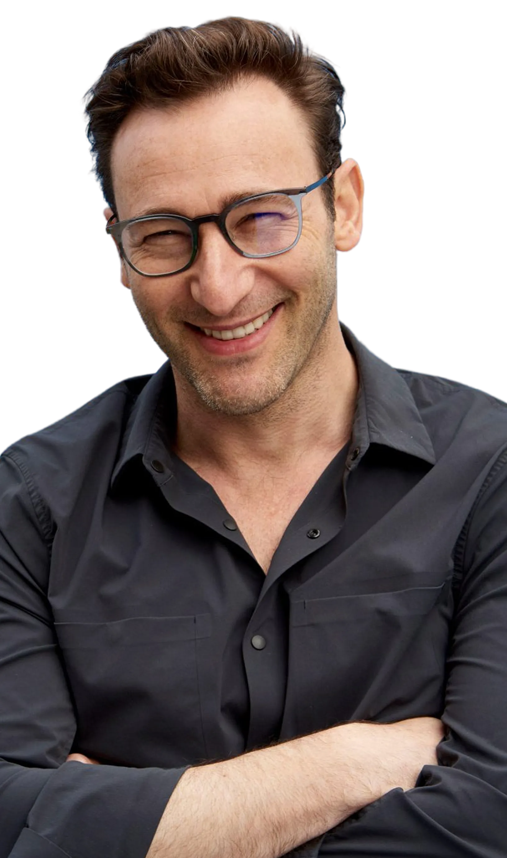 Smiling man with glasses wearing a dark button-up shirt against a transparent background.