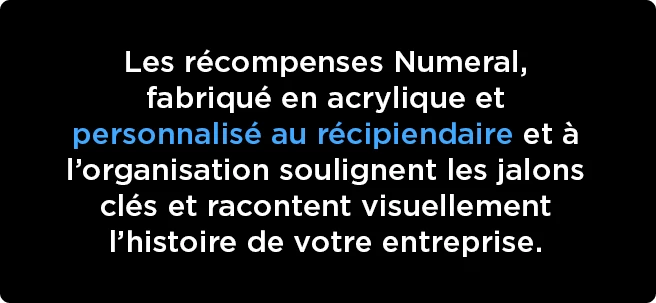 Les récompenses Numeral, fabriqué en acrylique et personnalisé au récipiendaire et à l’organisation soulignent les jalons clés et racontent visuellement l’histoire de votre entreprise.