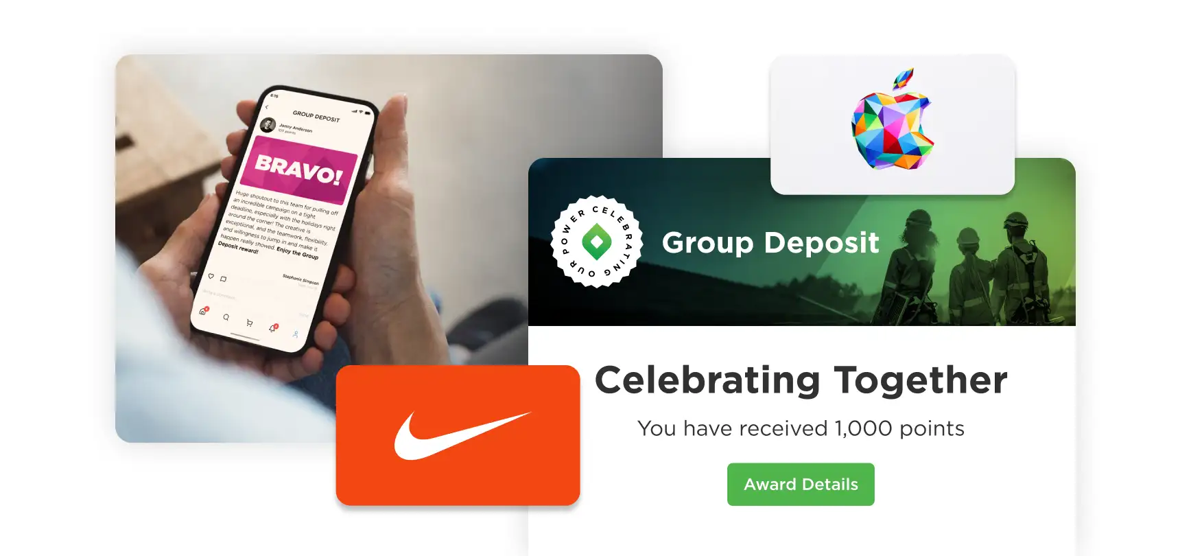Une main tenant un smartphone sur lequel s'affiche un message concernant l'épargne collective, avec la mention « BRAVO ! » en rose et en gras, saluant la campagne menée par une équipe et invitant à profiter de la récompense liée à l'épargne collective ; à côté, les liens marquées  etcartes-cadeaux , respectivement d'Apple et de Nike, ainsi qu'un message indiquant « Épargne collective : célébrons ensemble. Vous avez reçu 1 000 points », accompagné d'un bouton vert « Détails de la récompense ».