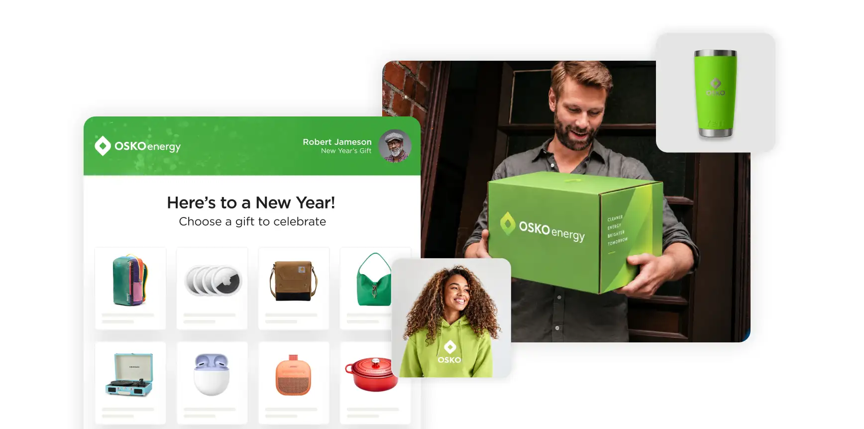 Un homme barbu tenant un coffret cadeau vert « OSKO energy », souriant, entouré d'images d'idées de cadeaux, notamment un sac à dos, une enceinte et des articles « OSKO marquées », avec un titre indiquant : « À la nouvelle année ! Choisissez un cadeau pour fêter ça. »