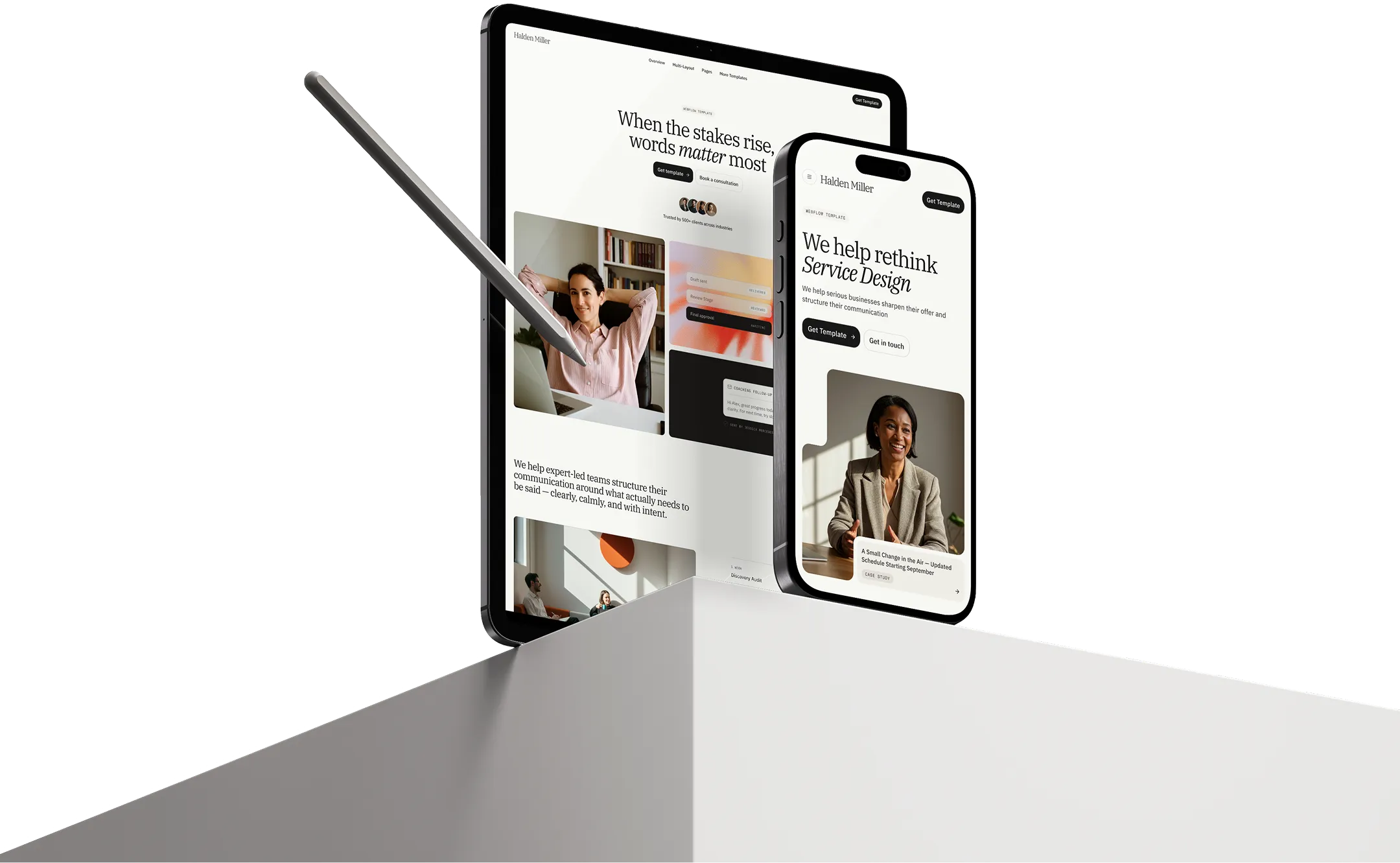 Desktop mockup showing clean modern layout of the Halden Miller Webflow template on a tablet and phone.